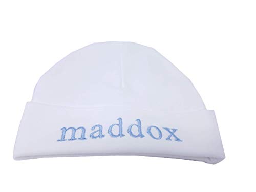 Baby Boy White Hat with Blue Name Personalized Beanie