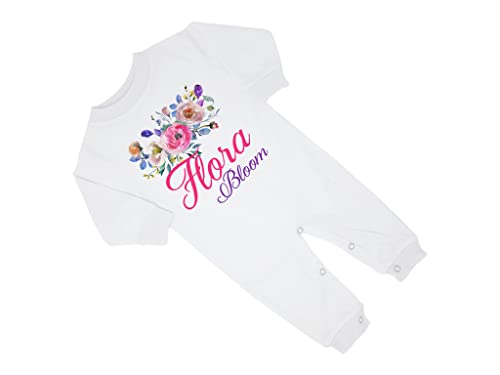 New Baby Girl's Printed Hot Pink and Purple Floral Flower Personalized Infant Long Sleeve Romper Coming Home Outfit