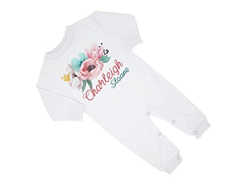 New Baby Girl's Printed Peony Floral Flower Personalized Infant Long Sleeve Romper Coming Home Outfit