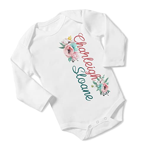 New Baby Girl's Printed Floral Peony Flower vs 1 Personalized Infant Bodysuit Coming Home Outfit