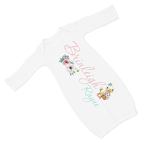 New Baby Girl's Printed Floral Duck Duckling Easter Spring Personalized Infant Gown with Pink and Gray Coming Home Outfit