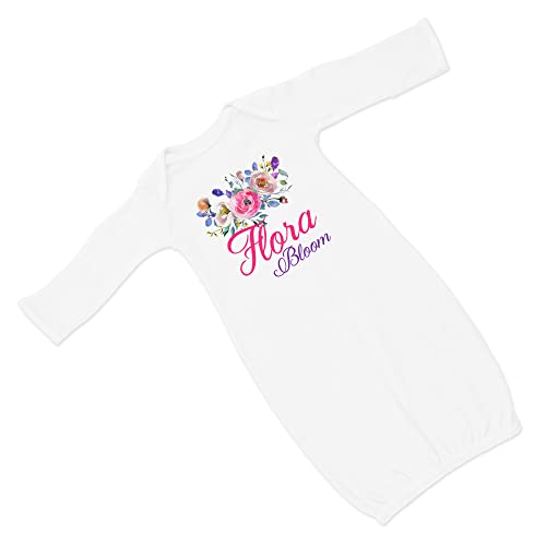 New Baby Girl's Printed Floral Personalized Infant Gown with Hot Pink and Purple VS 2 Coming Home Outfit