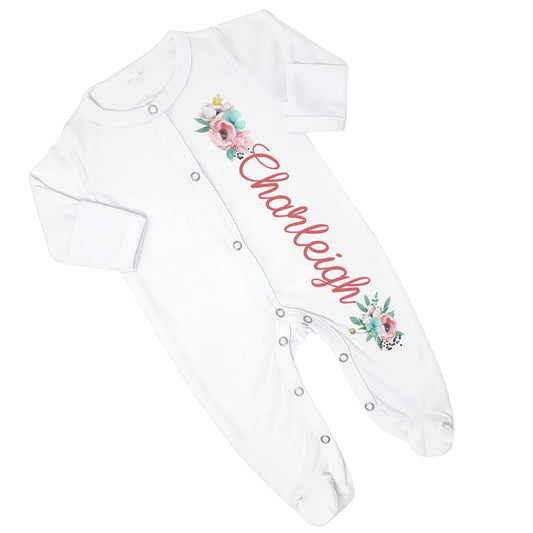 New Baby Girl's Printed Peony Floral Flower Personalized Infant Footed Sleeper Coming Home Outfit