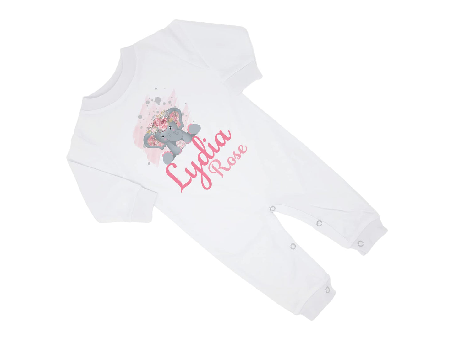 New Baby Girl's Printed Pink Floral Elephant Personalized Infant Long Sleeve Romper Coming Home Outfit