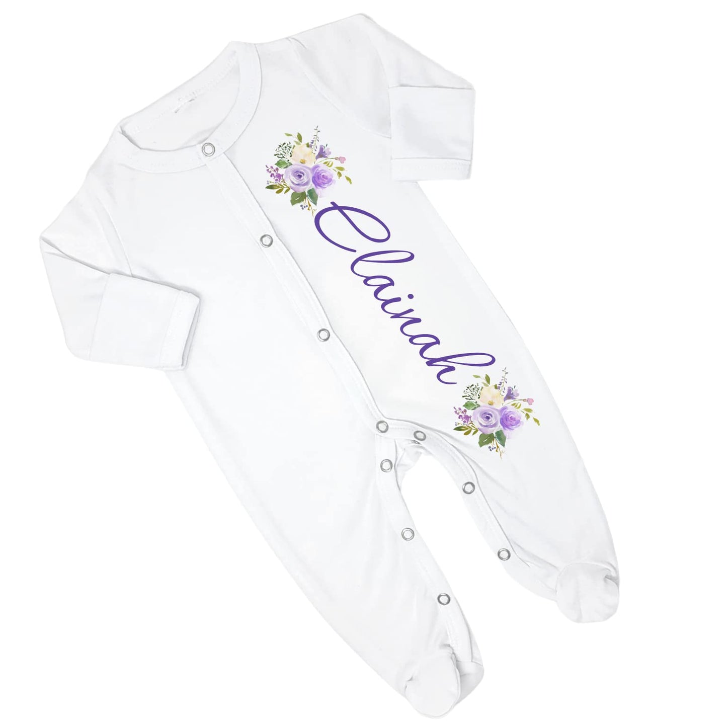 New Baby Girl's Printed Purple Floral Flower Personalized Infant Footed Sleeper Coming Home Outfit