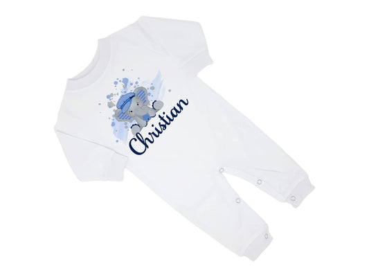 New Baby Boy's Printed Argyle Elephant Blue Personalized Infant Long Sleeve Romper Coming Home Outfit