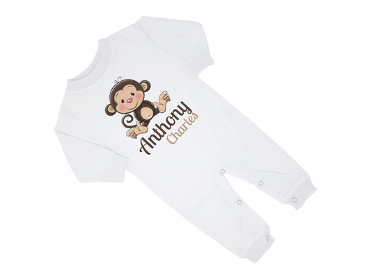 New Baby Boy's Printed Jungle Monkey Personalized Infant Long Sleeve Romper Coming Home Outfit