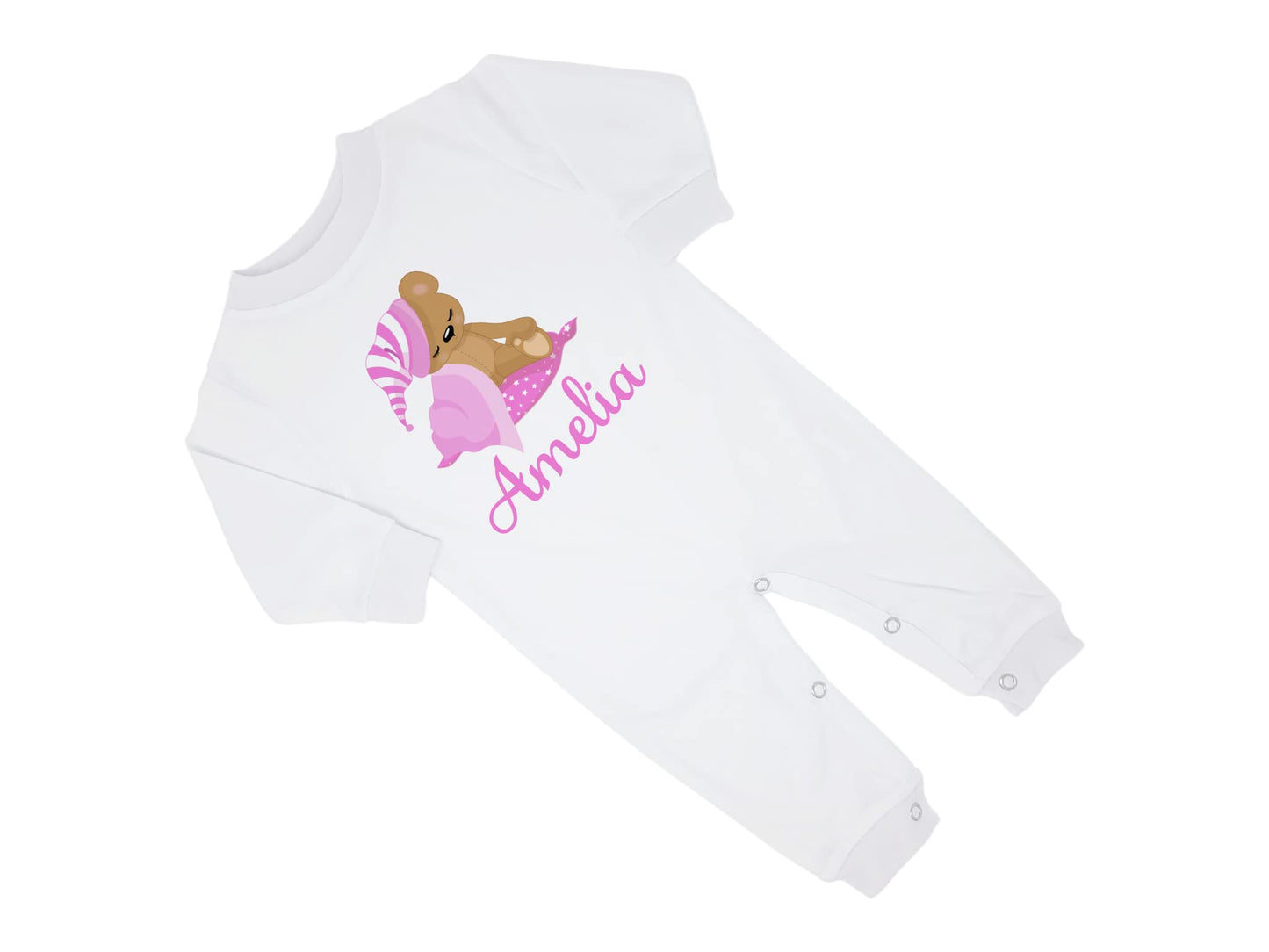 New Baby Girl's Printed Sleeping Teddy Bear Stars Personalized Infant Long Sleeve Romper Coming Home Outfit