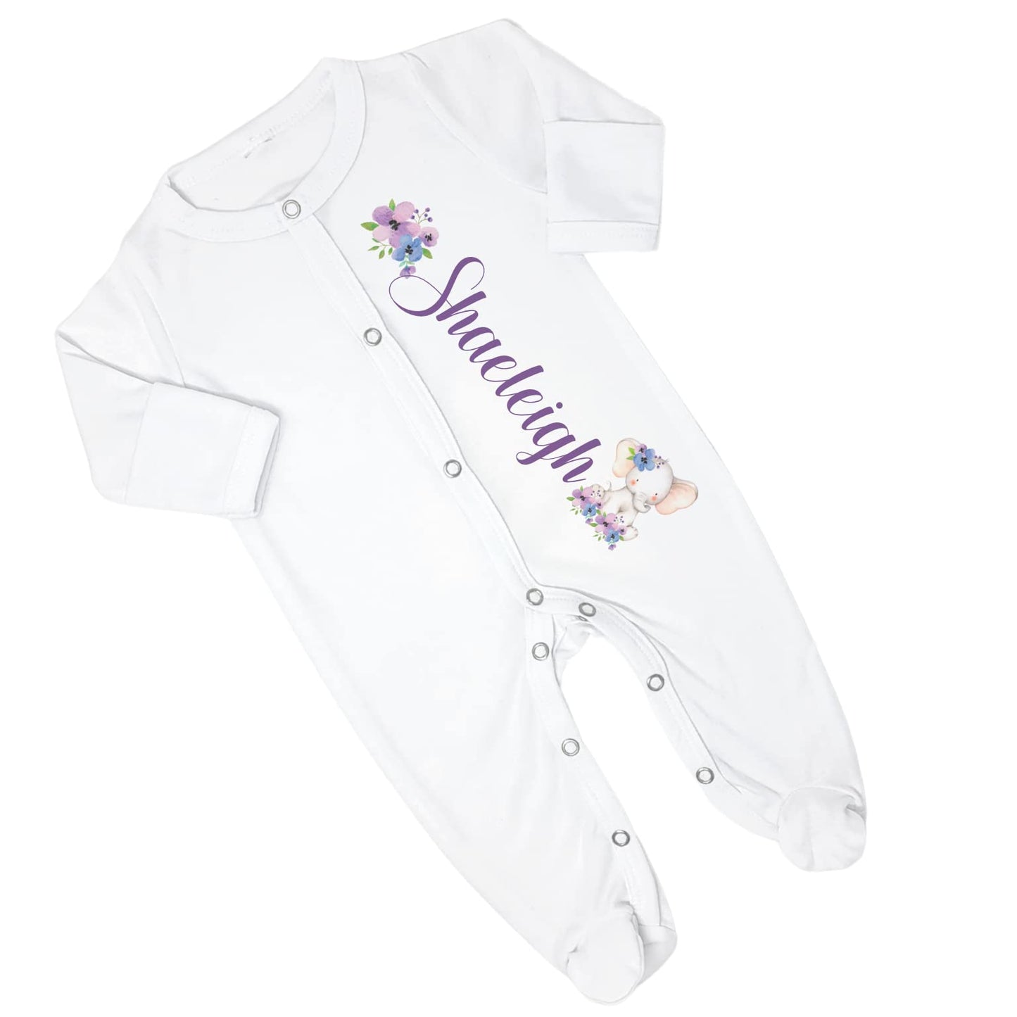 New Baby Girl's Printed Purple Floral Elephant Personalized Infant Footed Sleeper Coming Home Outfit