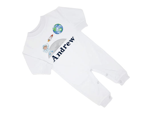 New Baby Boy's Printed Astronaut Outer Space Galaxy Personalized Infant Long Sleeve Romper Coming Home Outfit