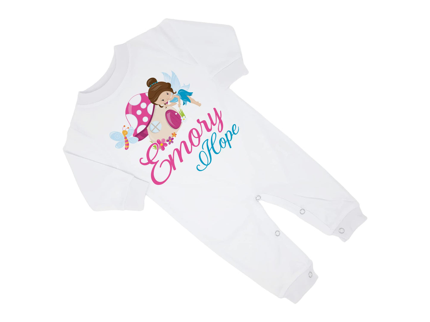 New Baby Girl's Printed Woodland Fairy Pink and Turquoise Personalized Infant Long Sleeve Romper Coming Home Outfit