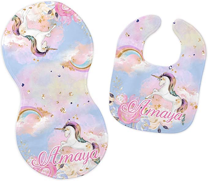 Baby Girl's Personalized Printed Custom Name Pink Mystical Unicorn Rainbow Bib and Burp Cloth Set