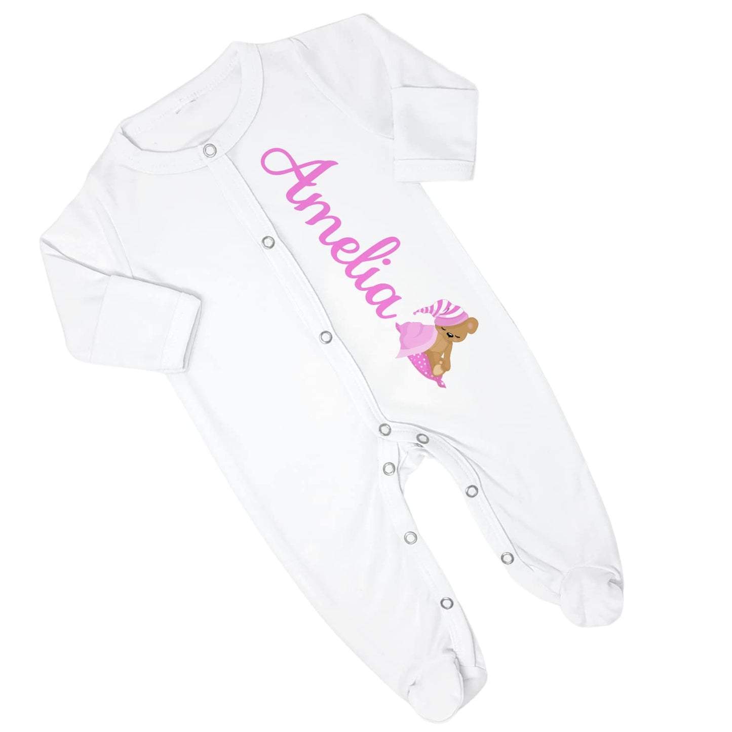 New Baby Girl's Printed Sleeping Teddy Bear Stars Personalized Infant Footed Sleeper Coming Home Outfit