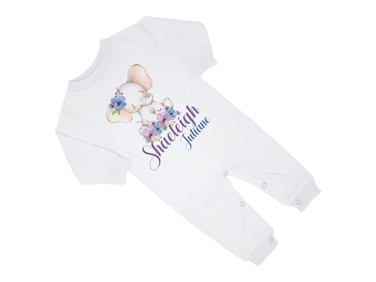 New Baby Girl's Printed Purple and Blue Floral Elephant Personalized Infant Long Sleeve Romper Coming Home Outfit