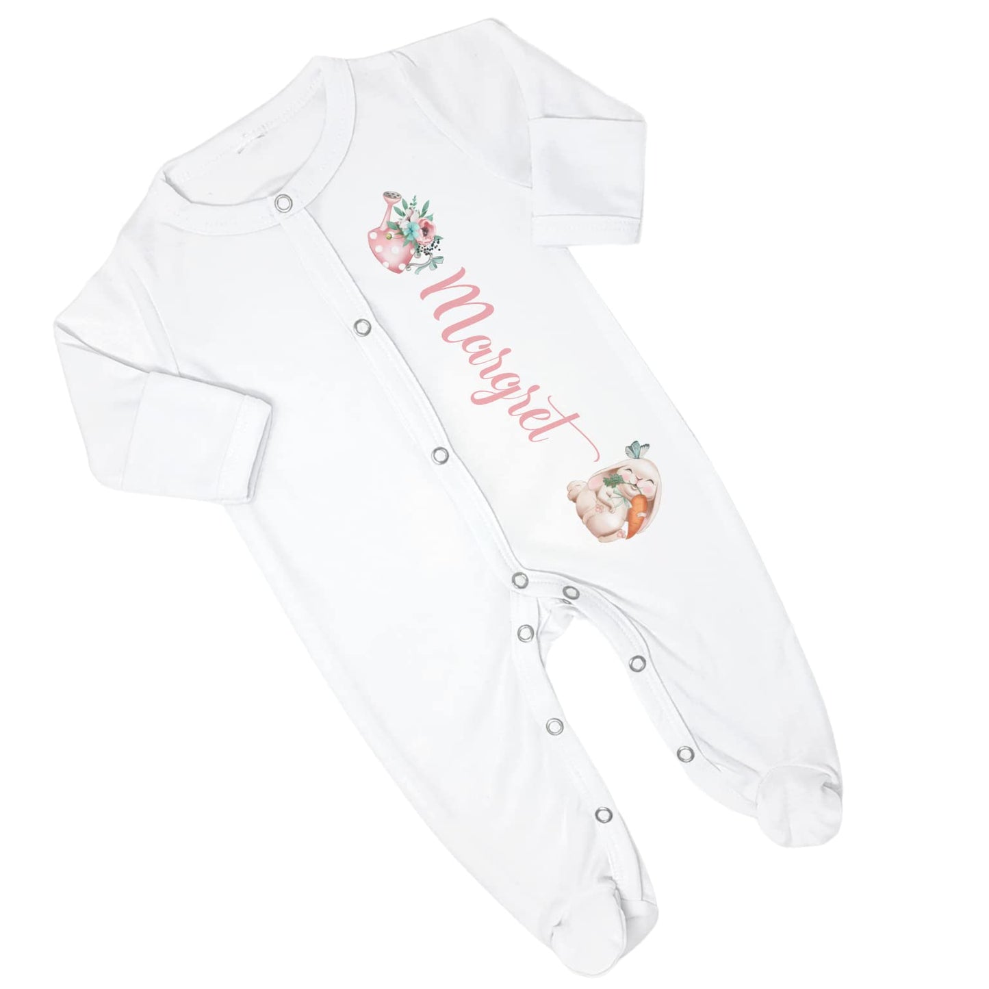 New Baby Girl's Printed Spring Easter Butterfly Bunny Rabbit Personalized Infant Footed Sleeper Coming Home Outfit