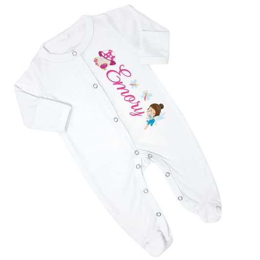 New Baby Girl's Printed Woodland Fairy Pink and Turquoise Personalized Infant Footed Sleeper Coming Home Outfit