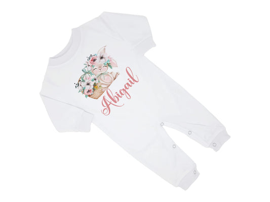 New Baby Girl's Printed Spring Easter Bunny Rabbit Personalized Infant Long Sleeve Romper Coming Home Outfit