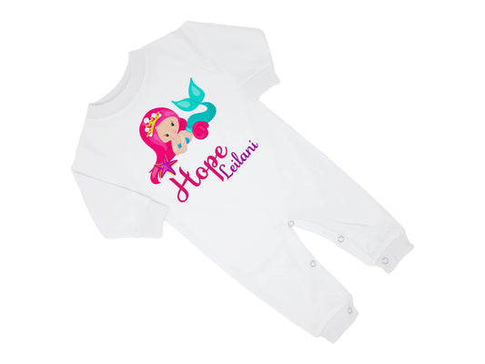 New Baby Girl's Printed Mermaid Hot Pink and Purple Personalized Infant Long Sleeve Romper Coming Home Outfit