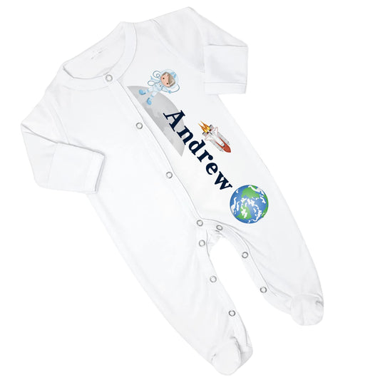 New Baby Boy's Printed Astronaut Outer Space Galaxy Personalized Infant Footed Sleeper Coming Home Outfit