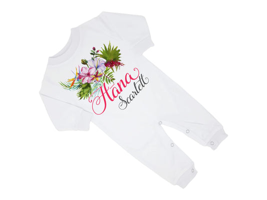 New Baby Girl's Printed Hibiscus Floral Flower Hot Pink and Gray Personalized Infant Long Sleeve Romper Coming Home Outfit