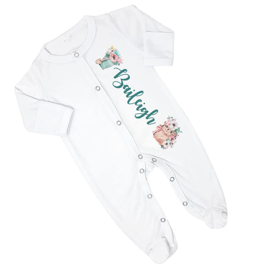 New Baby Girl's Spring Hedgehog Floral Personalized Infant Footed Sleeper Coming Home Outfit