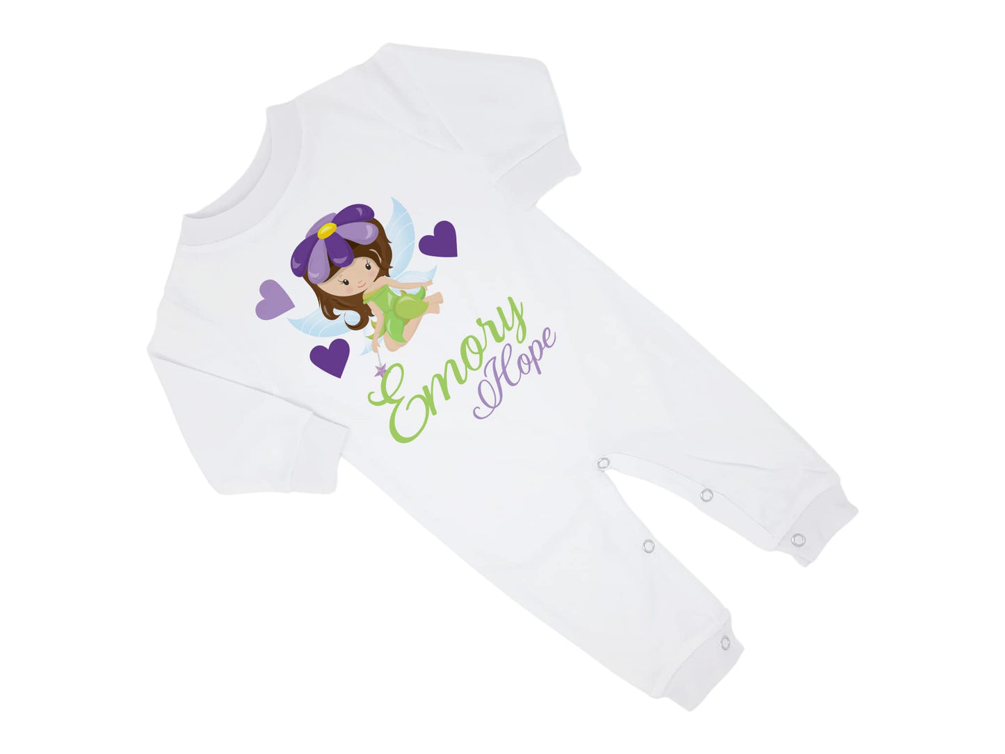 New Baby Girl's Printed Woodland Fairy Lime and Purple Personalized Infant Long Sleeve Romper Coming Home Outfit