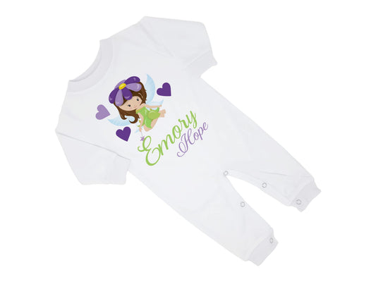 New Baby Girl's Printed Woodland Fairy Lime and Purple Personalized Infant Long Sleeve Romper Coming Home Outfit