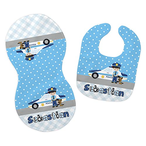 Baby Boy's Personalized Printed Custom Name Police Officer Car K-9 Service Dog Bib and Burp Cloth Set