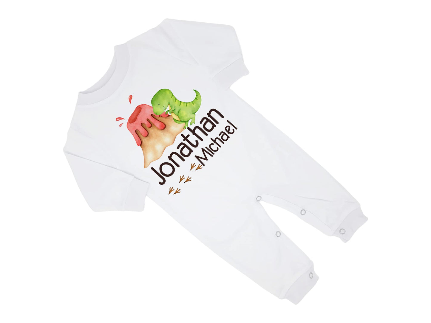 New Baby Boy's Printed Dino Dinosaur T-Rex Tyrannosaurus Rex Personalized Infant Long Sleeve Romper Coming Home Outfit