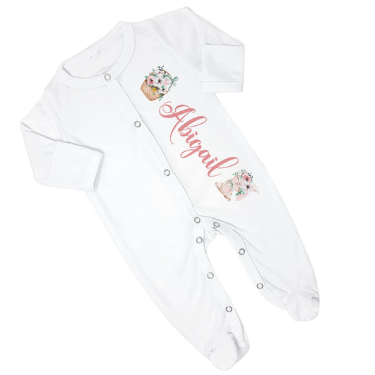 New Baby Girl's Printed Spring Easter Bunny Rabbit Personalized Infant Footed Sleeper Coming Home Outfit