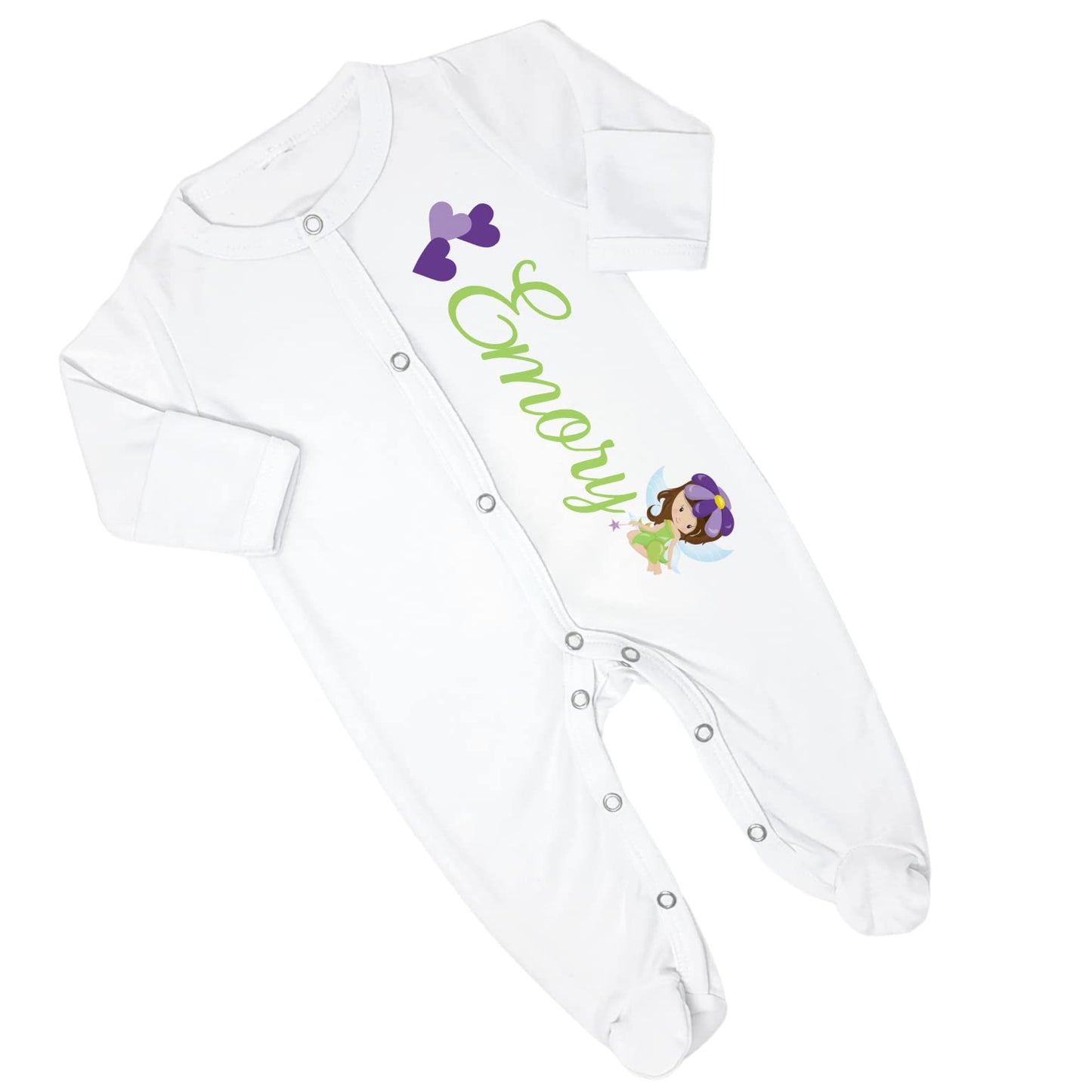 New Baby Girl's Printed Woodland Fairy Lime and Purple Personalized Infant Footed Sleeper Coming Home Outfit