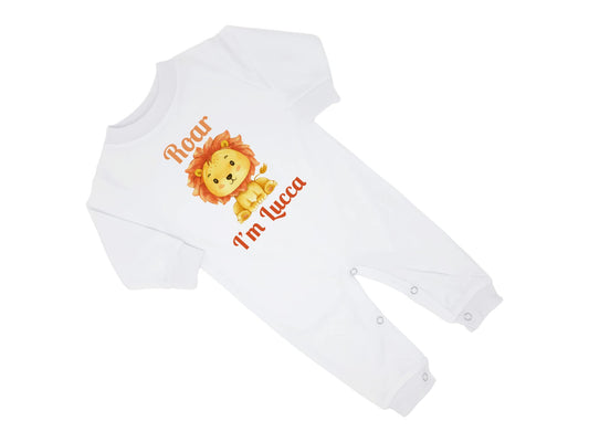 New Baby Boy's Printed King of the Jungle Lion Personalized Infant Long Sleeve Romper Coming Home Outfit