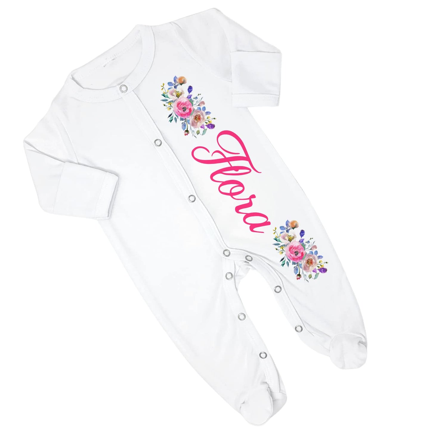 New Baby Girl's Printed Pink and Purple Floral Flower Personalized Infant Footed Sleeper Coming Home Outfit