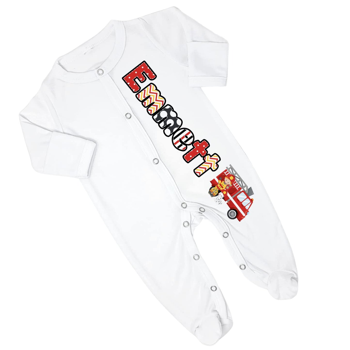 New Baby Boy's Printed Fireman Fire Fighter Truck Dalmatian Personalized Infant Footed Sleeper Coming Home Outfit