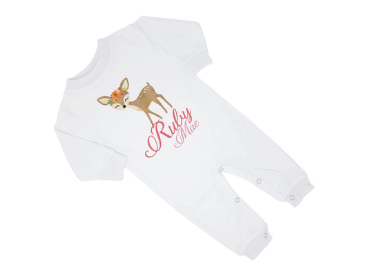 New Baby Girl's Printed Woodland Deer Personalized Infant Long Sleeve Romper Coming Home Outfit