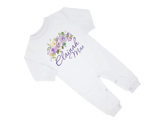 New Baby Girl's Printed Purple Floral Flower Personalized Infant Long Sleeve Romper Coming Home Outfit