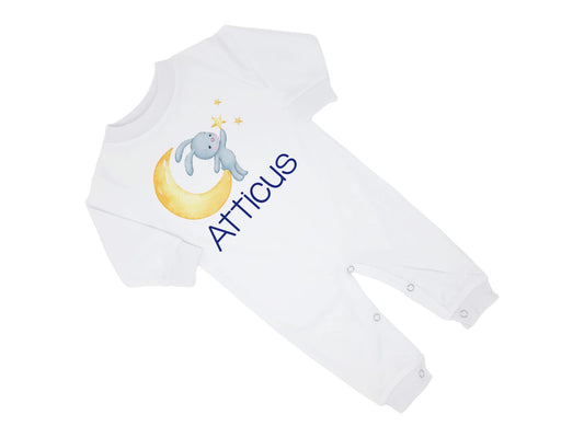 New Baby Boy's Printed Moon Stars Bunny Rabbit Personalized Infant Long Sleeve Romper Coming Home Outfit