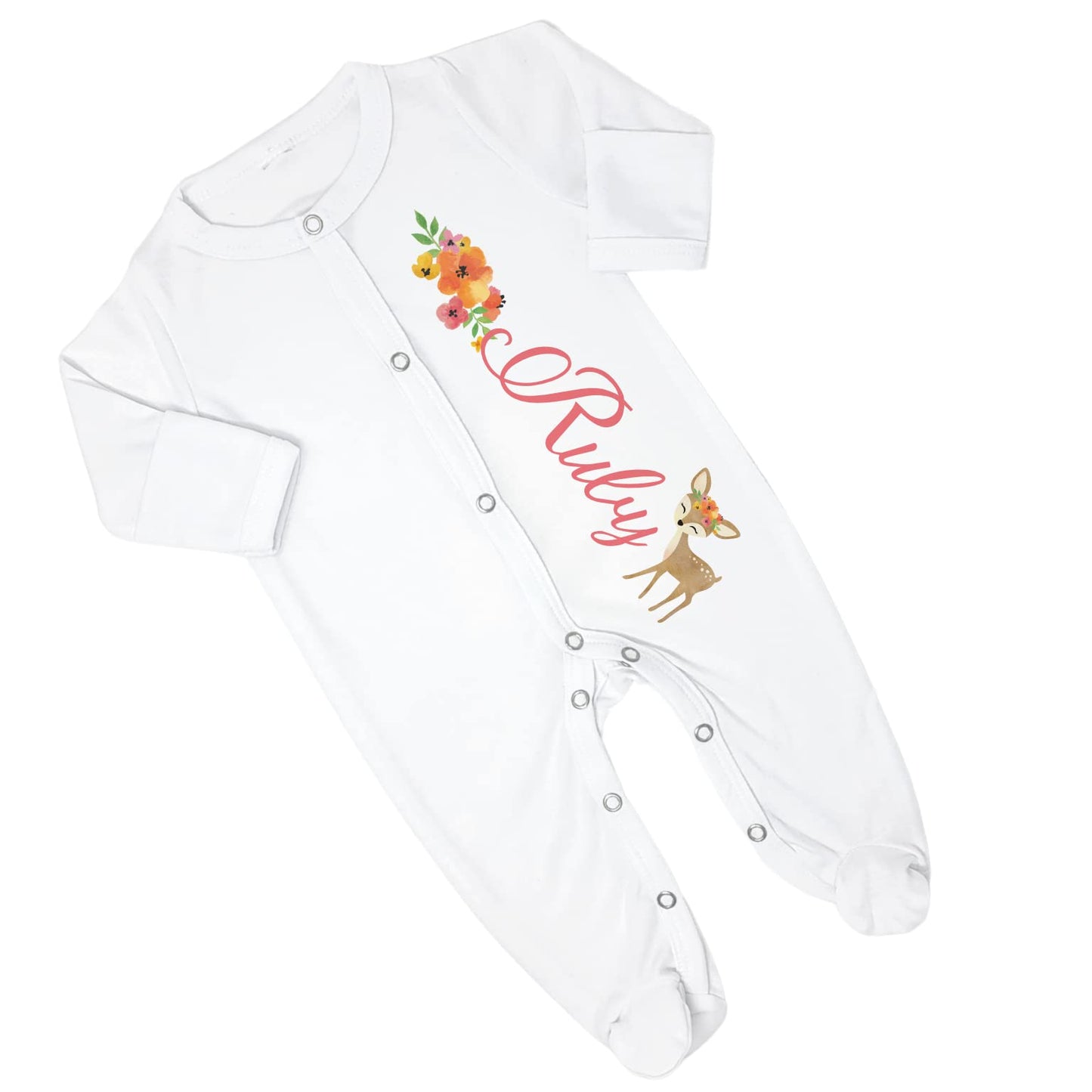 New Baby Girl's Printed Woodland Deer Personalized Infant Footed Sleeper Coming Home Outfit