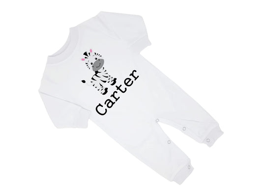 New Baby Boy's Printed Zoo Zebra Safari Personalized Infant Long Sleeve Romper Coming Home Outfit