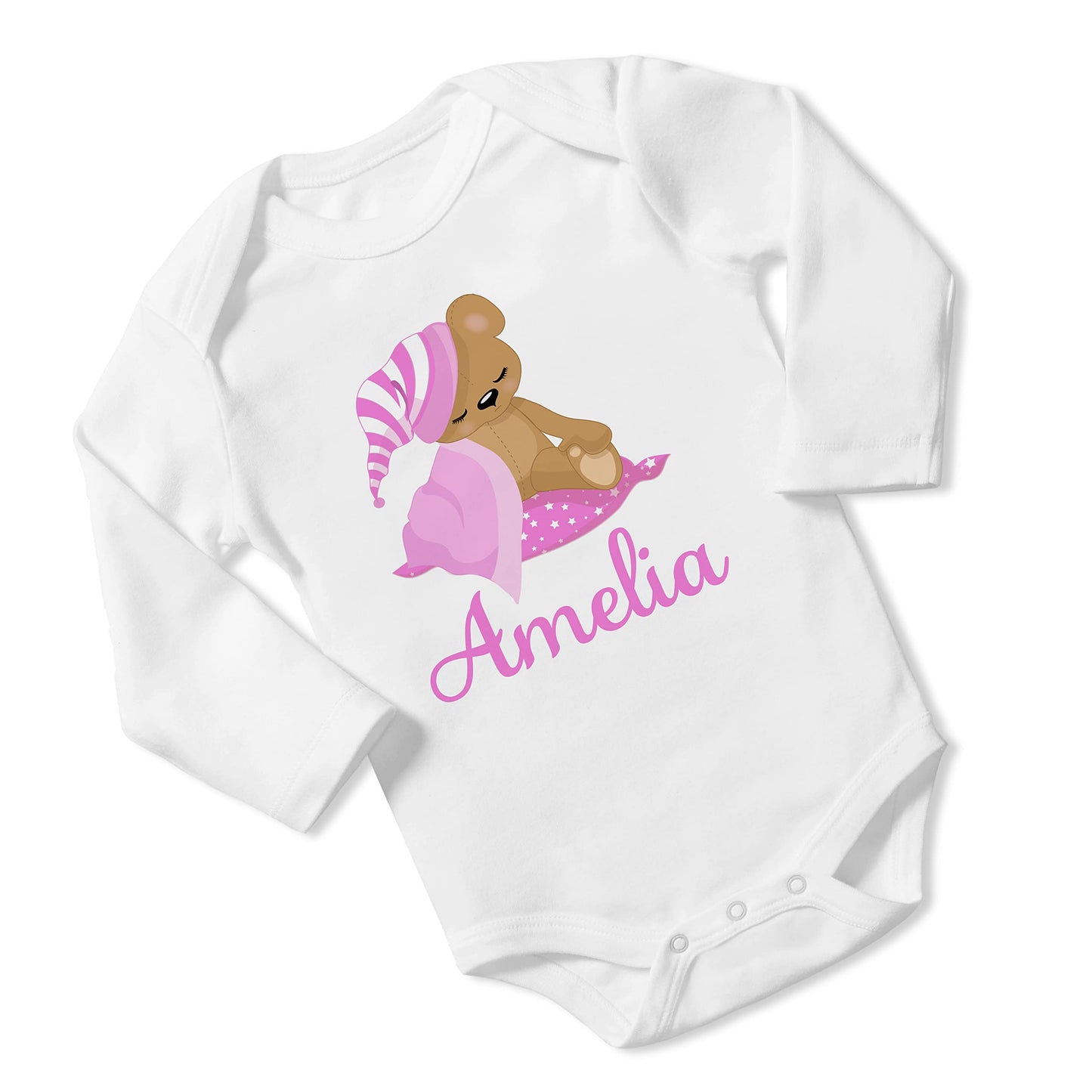 New Baby Girl's Printed Pink Sleeping Girl Teddy Bear vs 2 Personalized Infant Bodysuit Coming Home Outfit