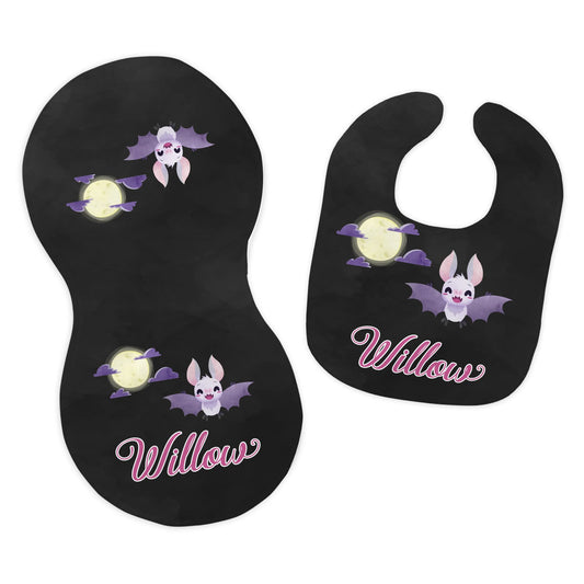 Baby Girl's Personalized Printed Custom Name Bat Batty Halloween Fall Bib and Burp Cloth Set