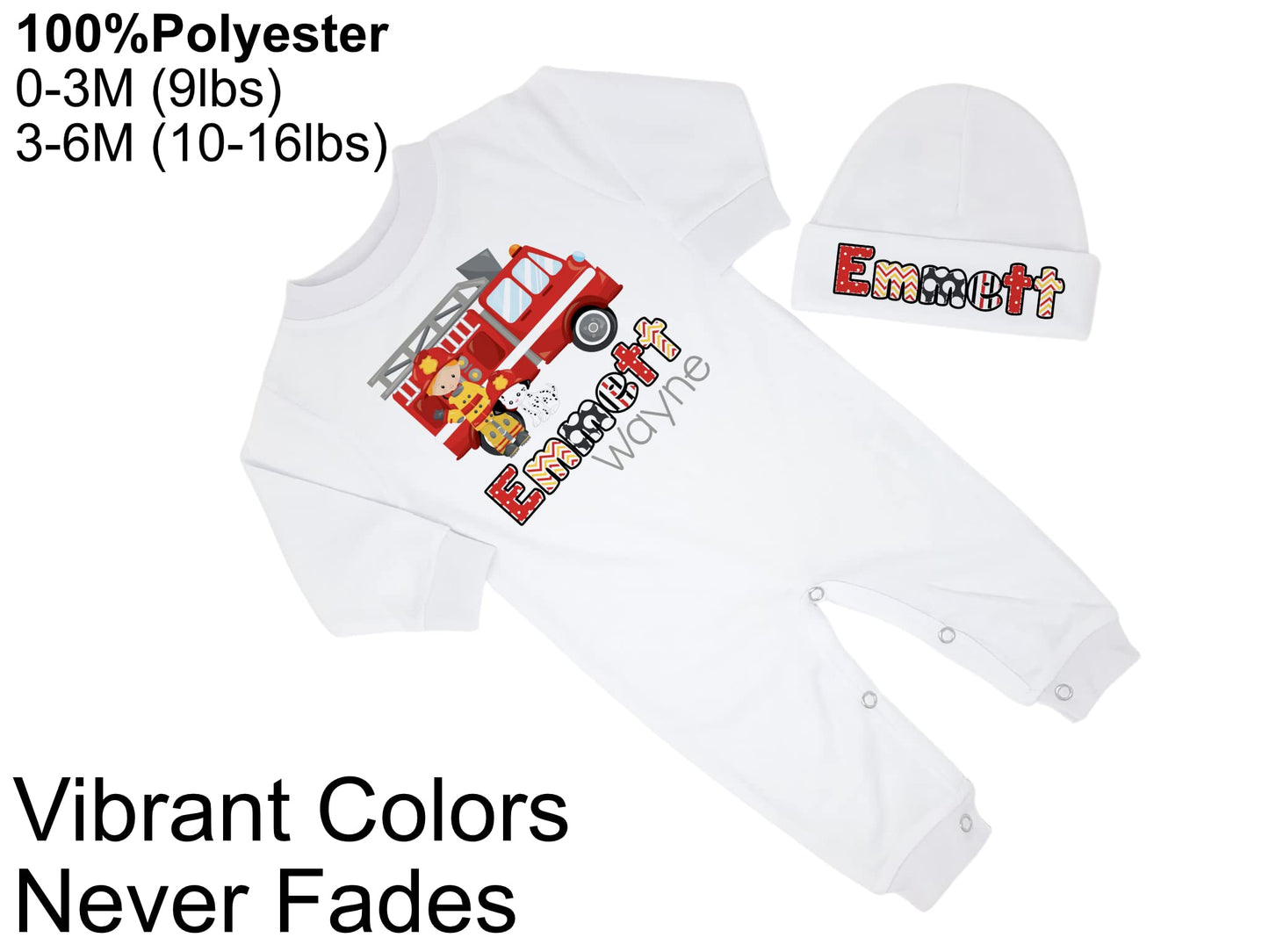 New Baby Boy's Printed Fire Firemen Truck Dalmatian Personalized Infant Long Sleeve Romper Coming Home Outfit