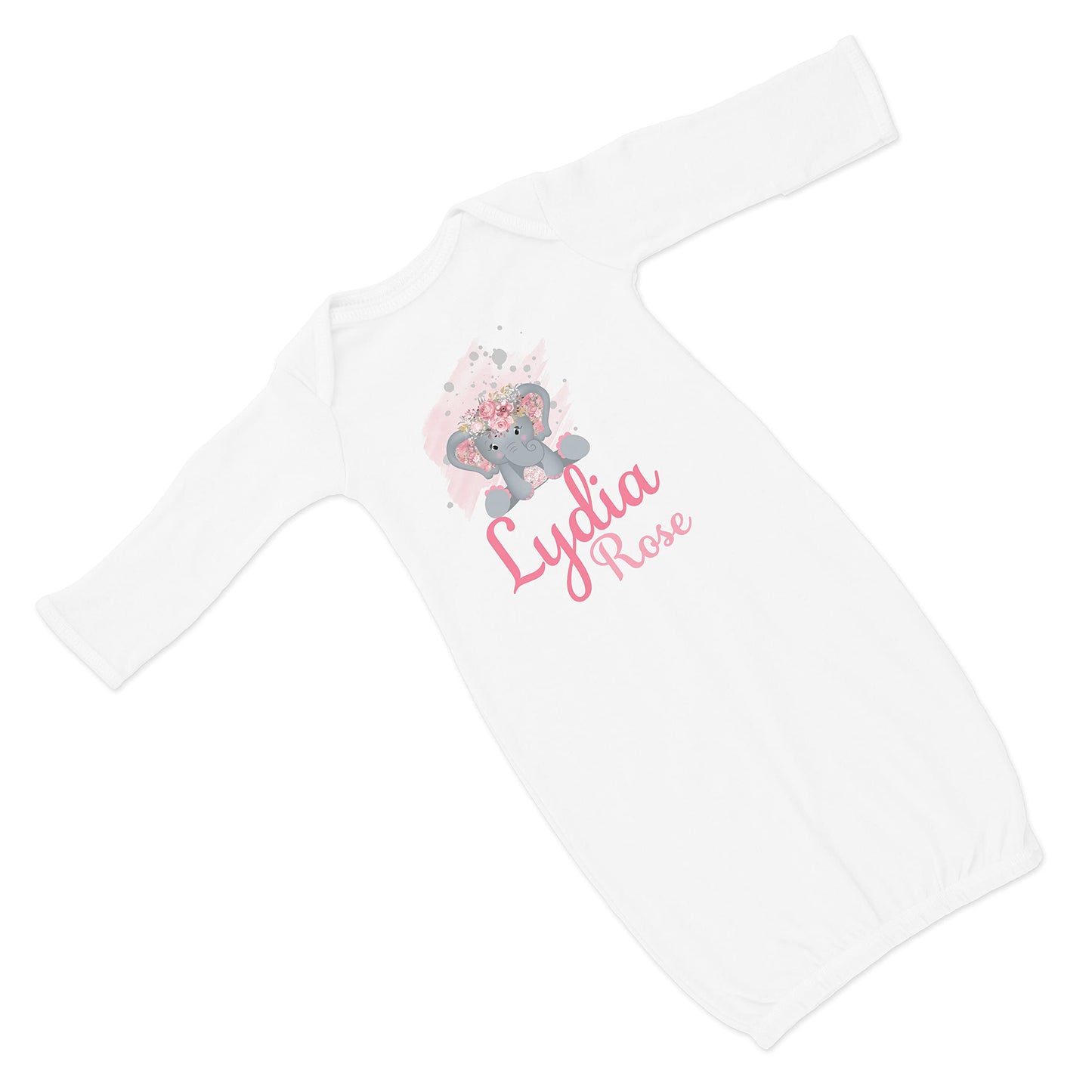 New Baby Girl's Printed Mauve Pink Floral Elephant VS 2 Personalized Infant Gown with Pink and Blue Coming Home Outfit