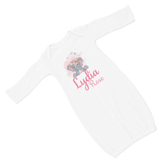 New Baby Girl's Printed Mauve Pink Floral Elephant VS 2 Personalized Infant Gown with Pink and Blue Coming Home Outfit