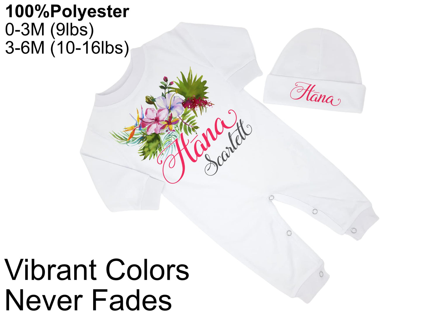 New Baby Girl's Printed Hibiscus Floral Flower Hot Pink and Gray Personalized Infant Long Sleeve Romper Coming Home Outfit