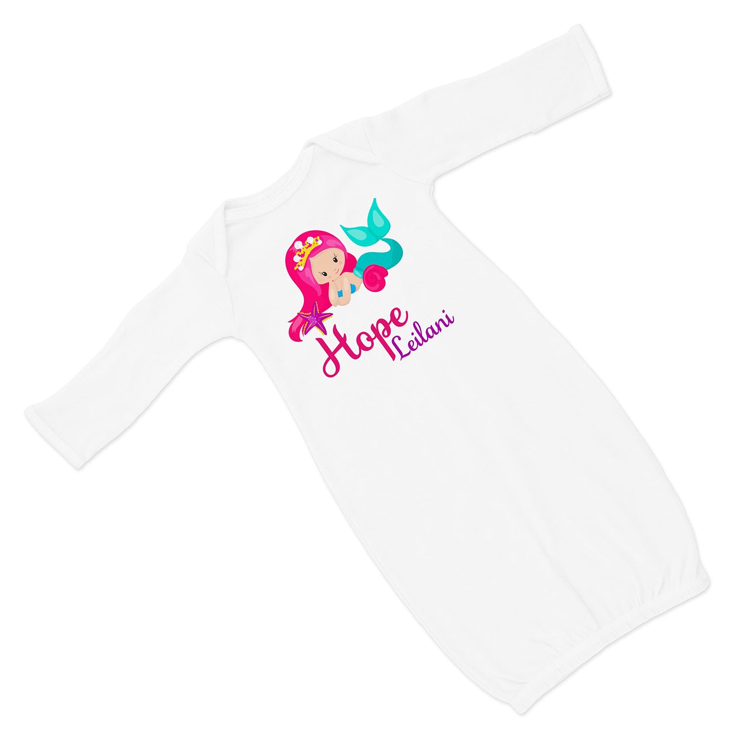 New Baby Girl's Printed Mermaid Personalized Infant Gown with Hot Pink and Purple VS 2 Coming Home Outfit