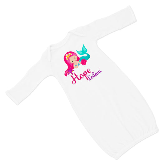 New Baby Girl's Printed Mermaid Personalized Infant Gown with Hot Pink and Purple VS 2 Coming Home Outfit