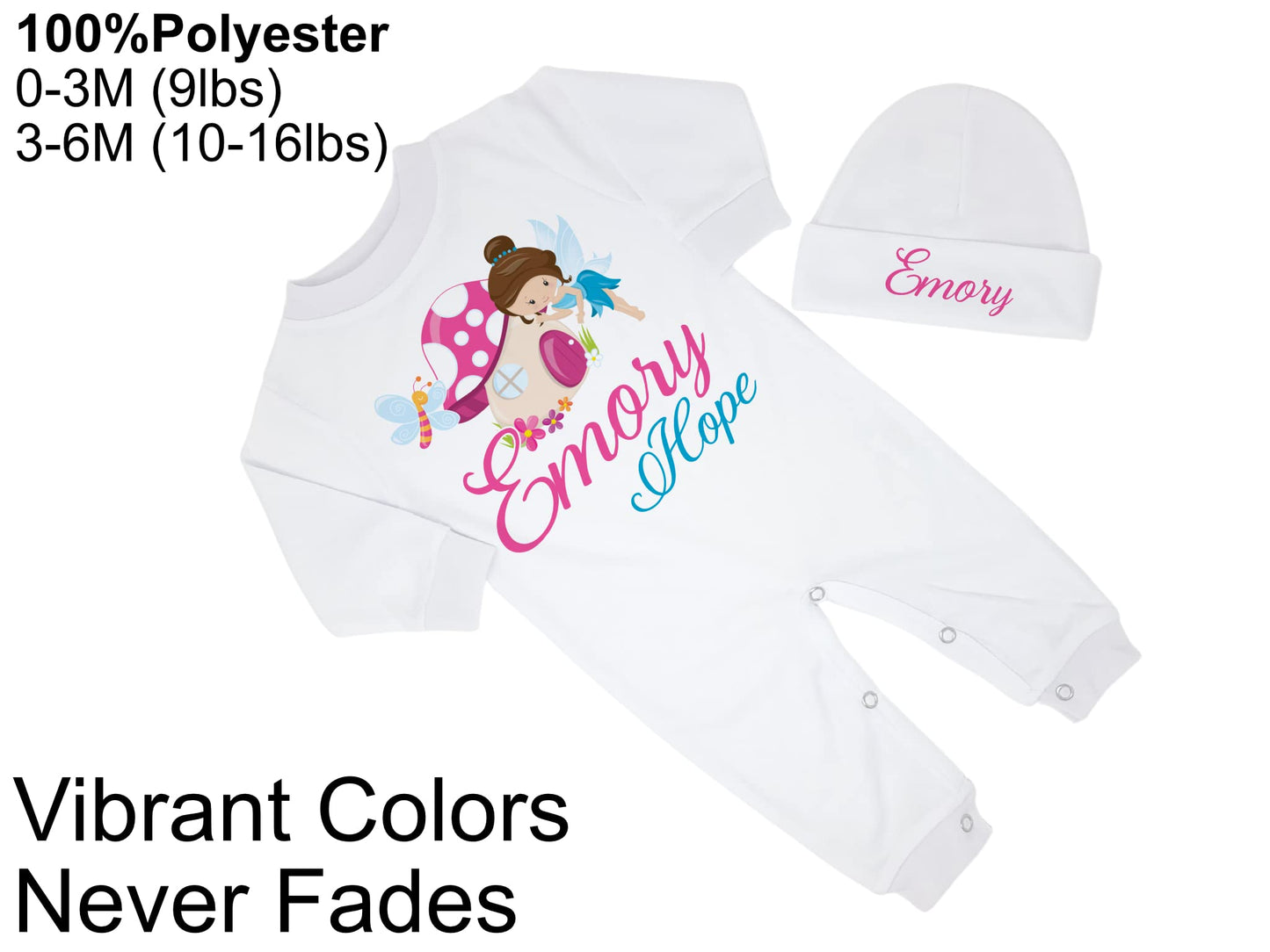 New Baby Girl's Printed Woodland Fairy Pink and Turquoise Personalized Infant Long Sleeve Romper Coming Home Outfit