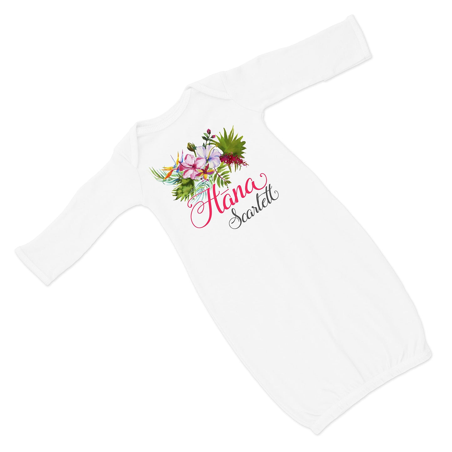 New Baby Girl's Printed Hibiscus Floral Personalized Infant Gown with Hot Pink and Grey VS 2 Coming Home Outfit