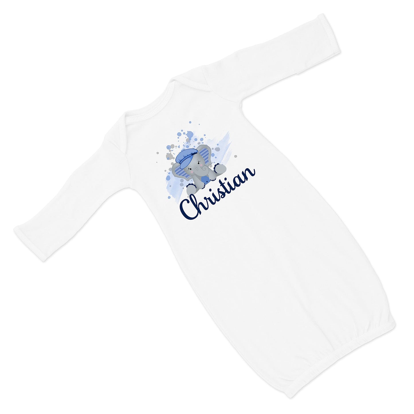 New Baby Boy's Printed White with Blue Argyle Elephant Personalized Infant Gown with Navy Coming Home Outfit